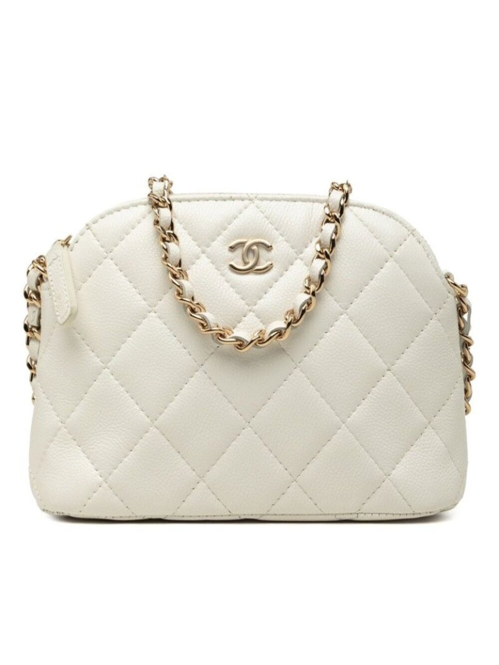 Chanel CC Logo Quilted Crossbody Chain Shoulder Bag White Gold Caviar Leather